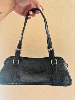 Bisou Bisou Black Croc-Embossed Shoulder Bag with Silver Hardware